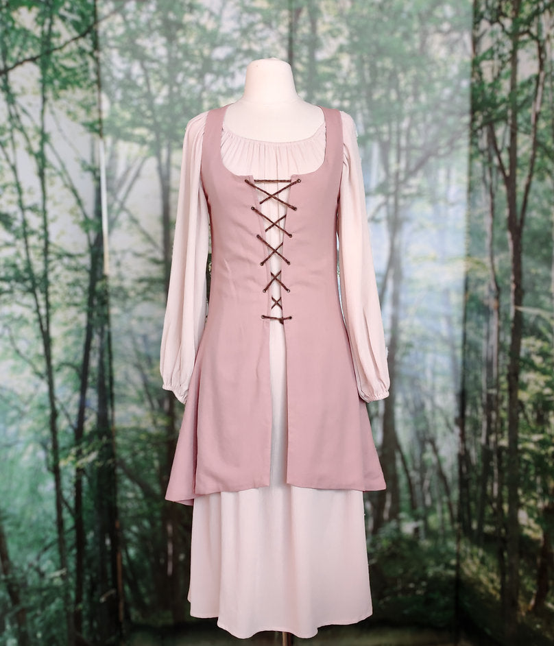 Dusty rose linen fantasy lace up overdress/surcoat- historia