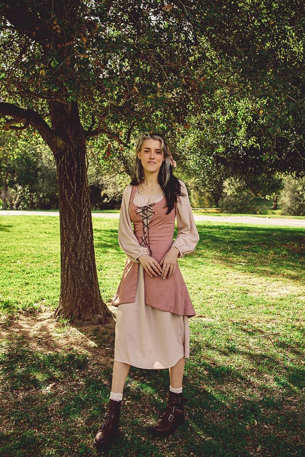 Dusty rose linen fantasy lace up overdress/surcoat- historia