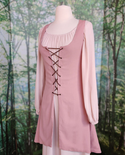 Dusty rose linen fantasy lace up overdress/surcoat- historia